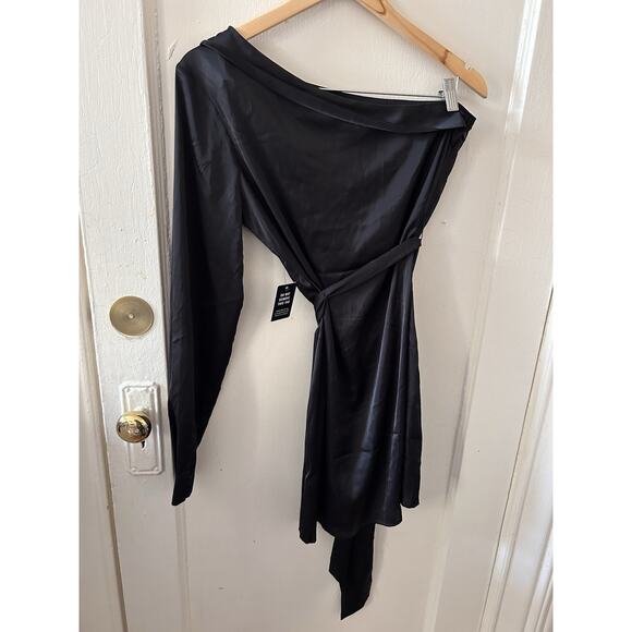 NWT Express Satin Black Tie Waist One Shoulder Mini Cocktail Dress |‎ S - Picture 2 of 5